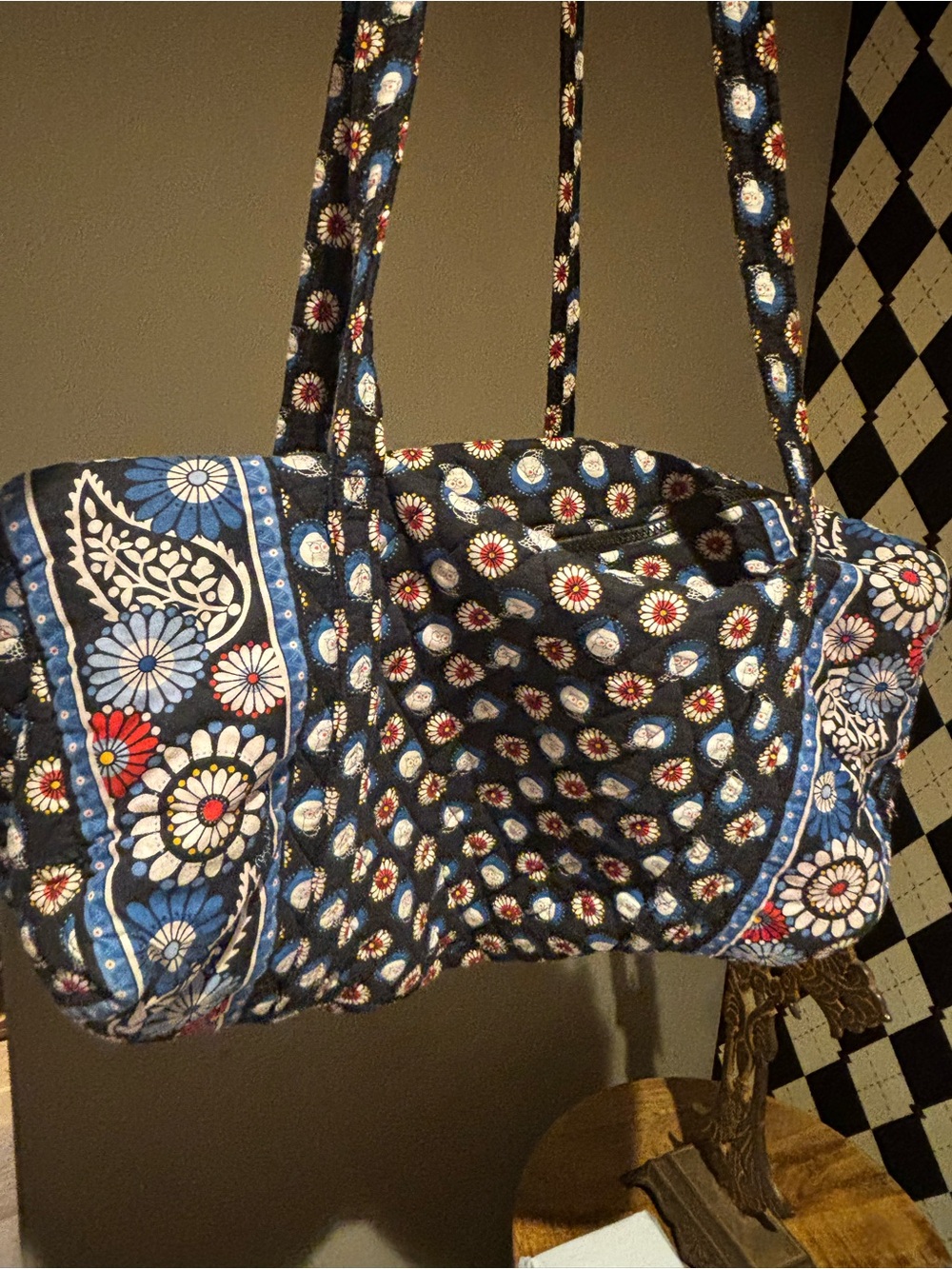 Vera Bradley Navy Quilted Floral Duffel Bag with Blue and Red Accents